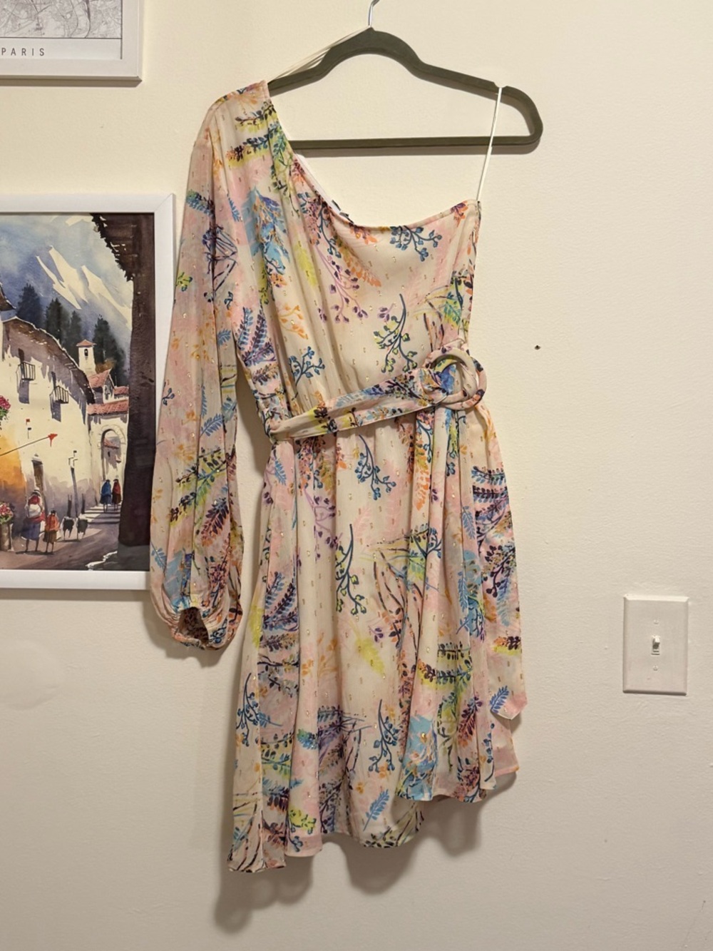 One-Shoulder Floral Belted Dress in Pastel Pink